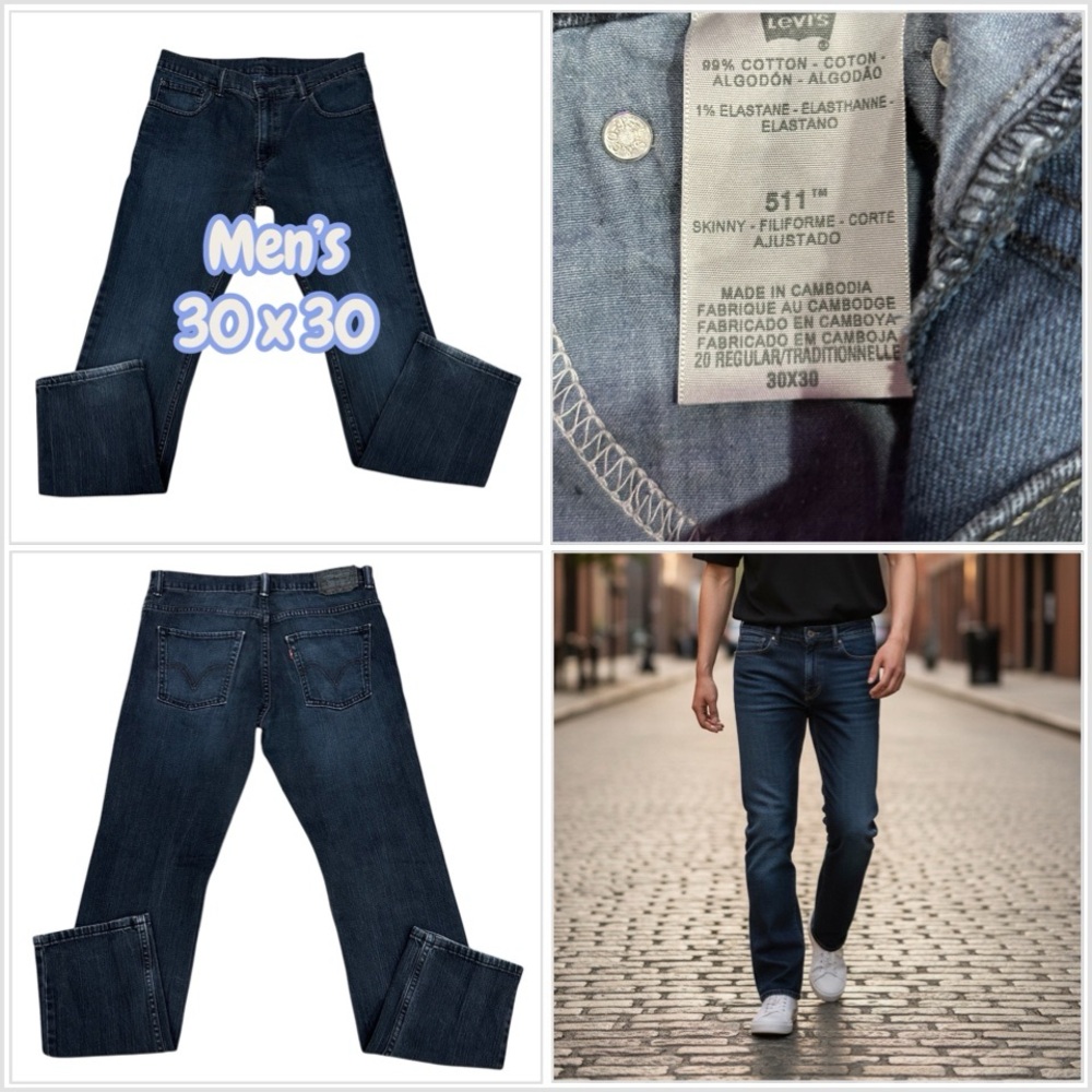 Mens 511 Levi’s 30 x 30 Pants Jeans Slim Skinny Navy Blue Denim Straight Stretch